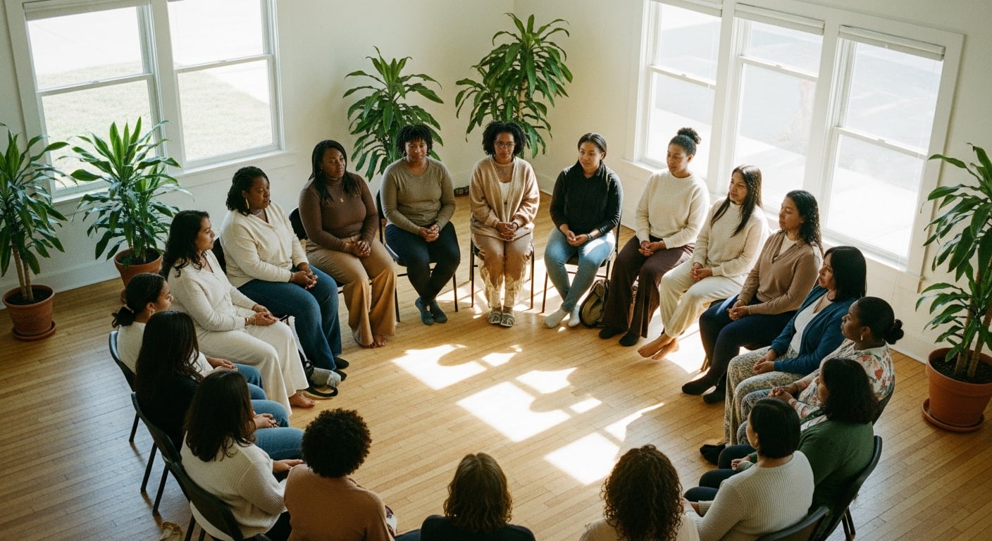 Diverse group gathered in a circle at a community wellness event